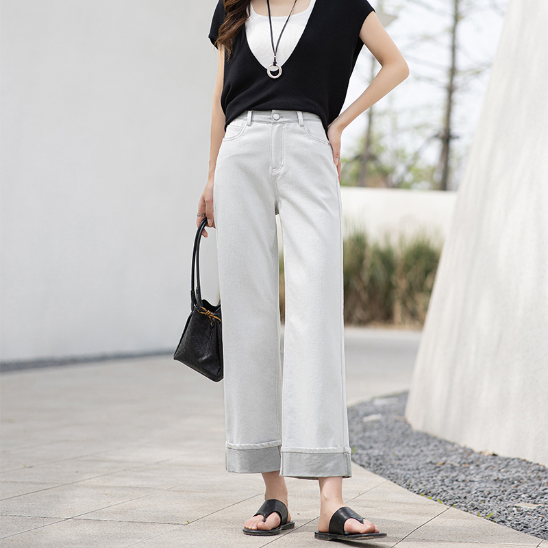 灰白色卷边直筒牛仔裤女2025夏季薄款九分莱赛尔显瘦渣渣灰烟管裤