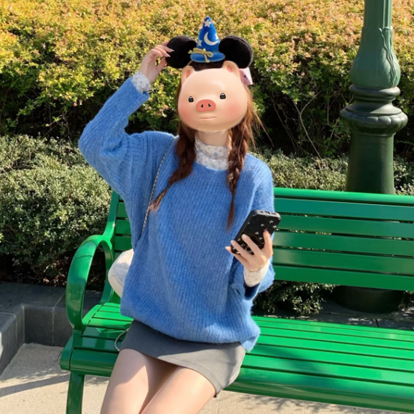 蓝色圆领套头打底毛衣女秋冬季加厚保暖慵懒风宽松内搭针织衫上衣