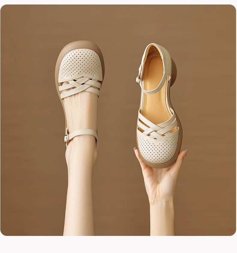 复古高跟镂空夏季包头凉鞋女百搭真皮粗跟厚底一字带网眼时尚凉鞋