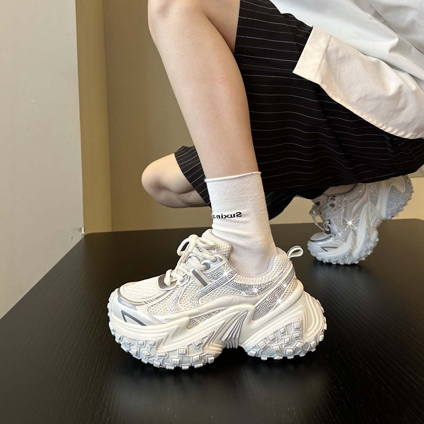 欧货网面榴莲底老爹鞋女2025秋季新款时尚网红百搭厚底运动休闲鞋