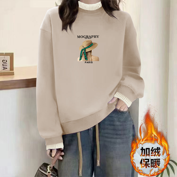 常规版休闲女装百搭印花韩版女卫衣圆领打底长袖时尚宽松加绒加厚