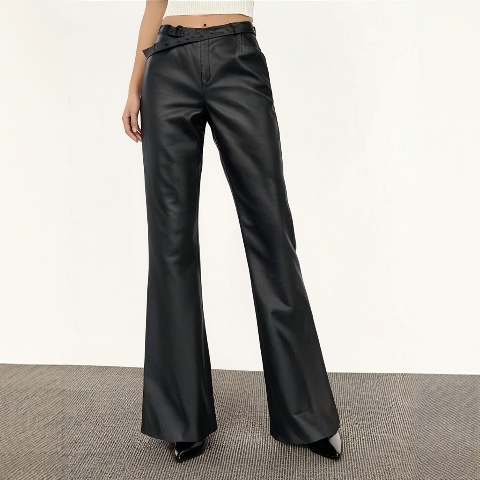 03轻职风高腰长裤喇叭裤休闲裤女士城市机能风拖地裤牛皮整版裤子