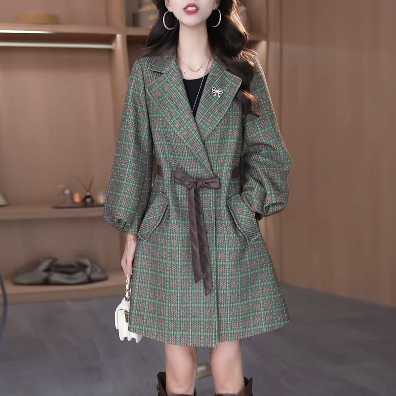 高级感格子西装领风衣外套2025春秋新款女士优雅气质减龄中长外套