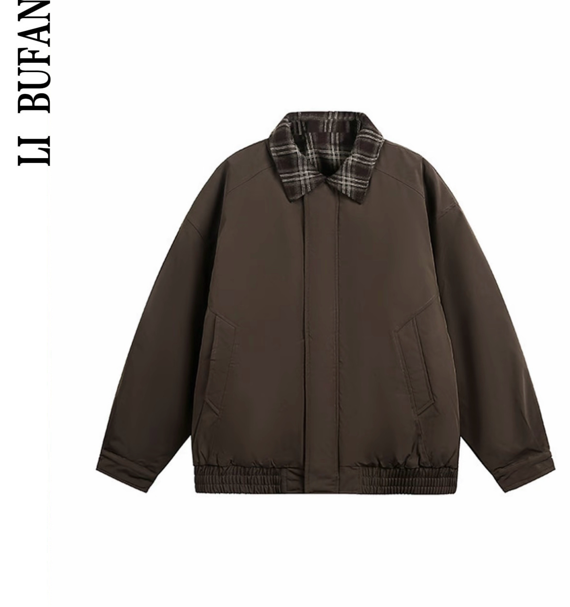 不凡-美式休闲拼接翻领外套 / 复古宽松格子假两件棉服棉衣