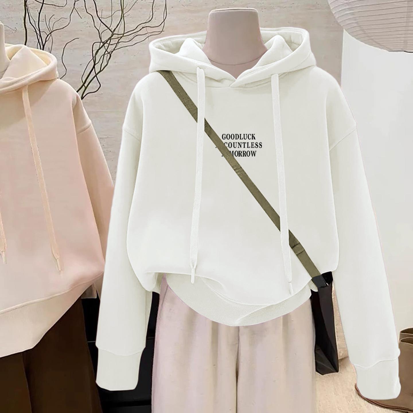 白色美式连帽加绒卫衣女秋冬季2025新款设计感宽松百搭加厚上衣潮