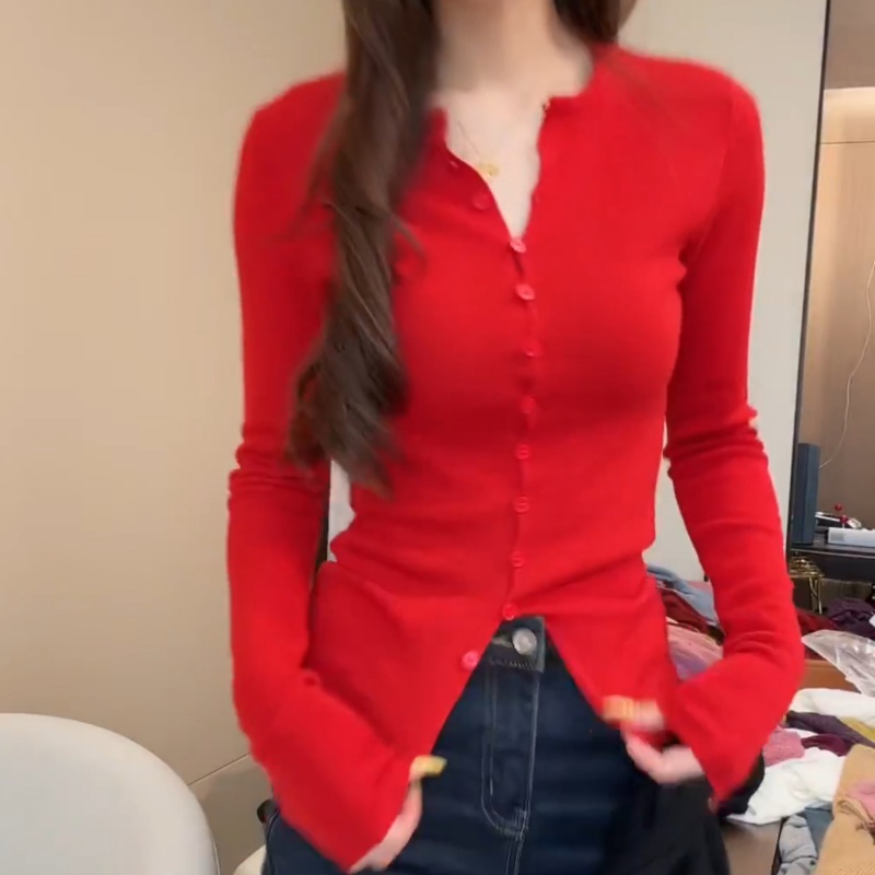 纯欲风纯色针织衫法式修身显瘦显身材毛衣开衫女LK2509101