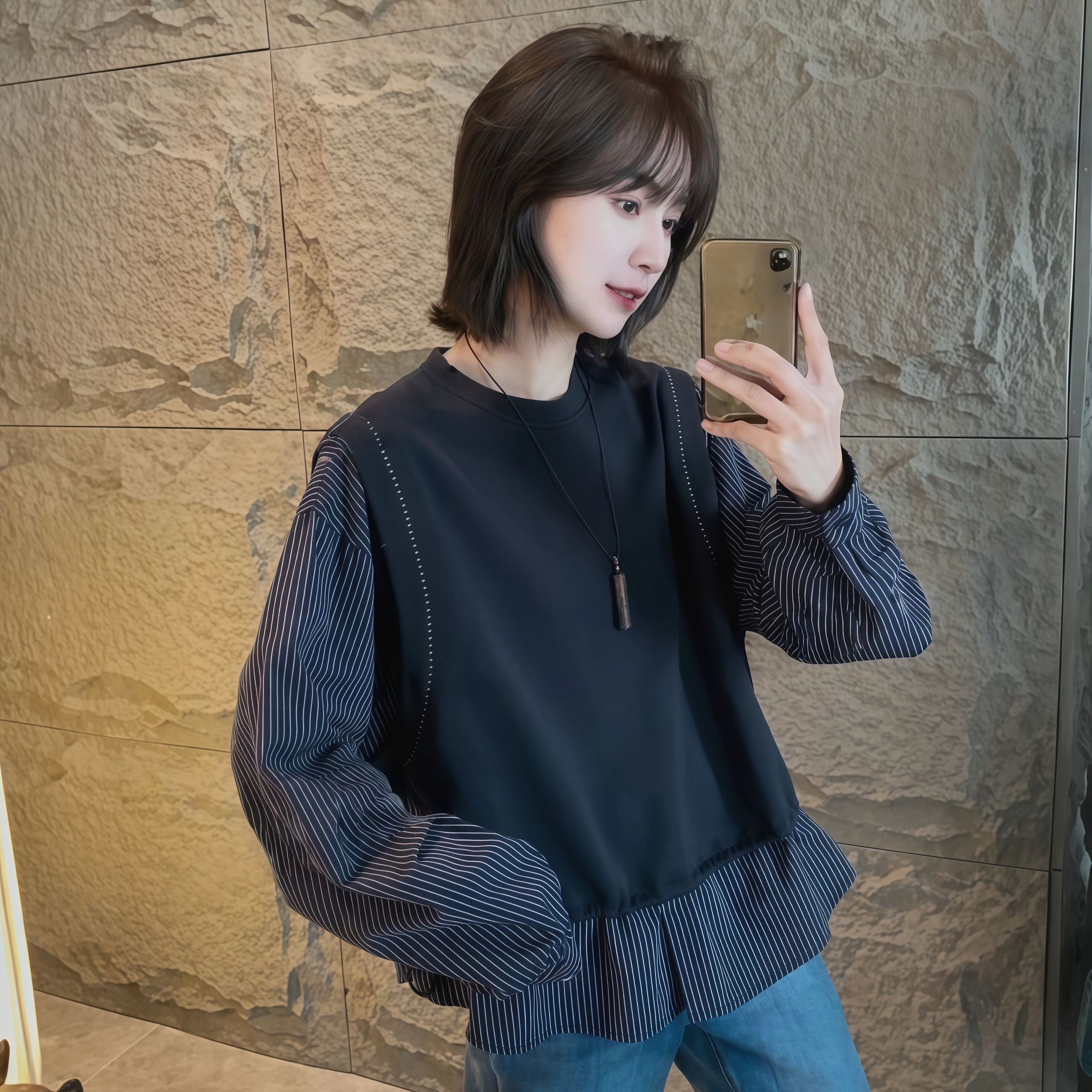 韩系刺绣假两件卫衣衬衫女2025秋季新款宽松休闲显瘦通勤条纹上衣