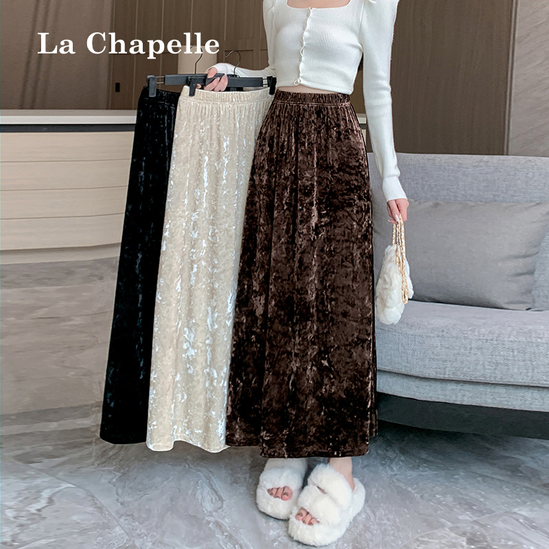 拉夏贝尔金丝绒半身裙女秋冬2025新款高腰百搭垂感a字裙大摆裙子