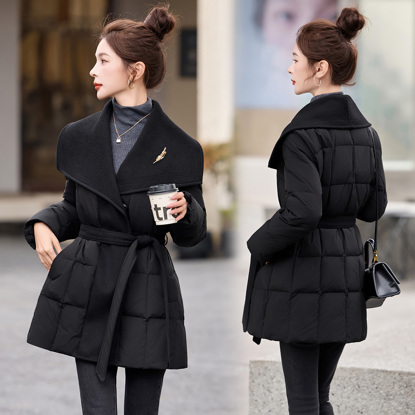 羊毛拼接翻领系带收腰羽绒服女2025冬季中长款黑色修身白鸭绒外套