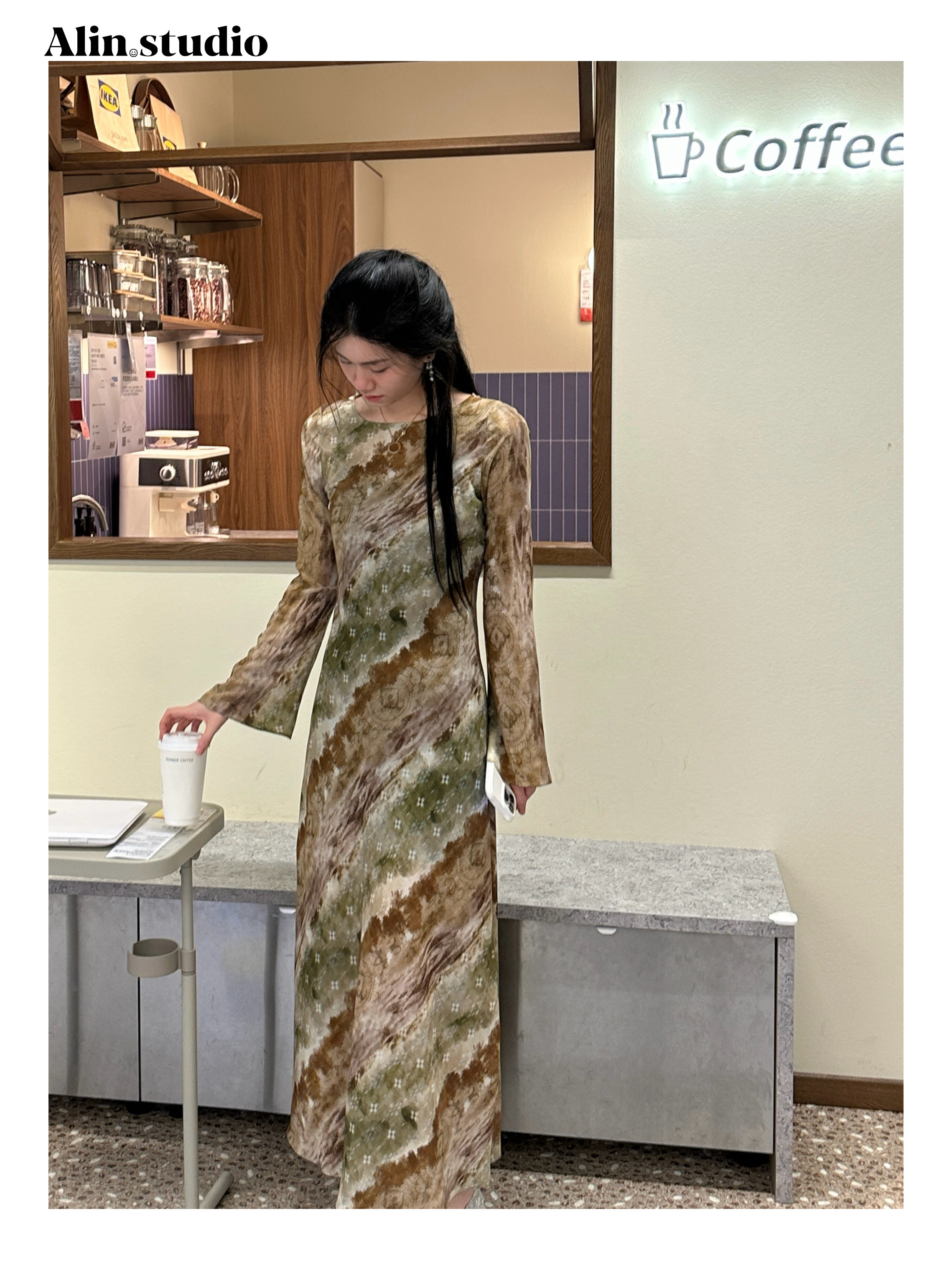 【Alin】（绿咖）摩登女王45度斜裁轻奢显瘦气质连衣裙喇叭袖修身长裙