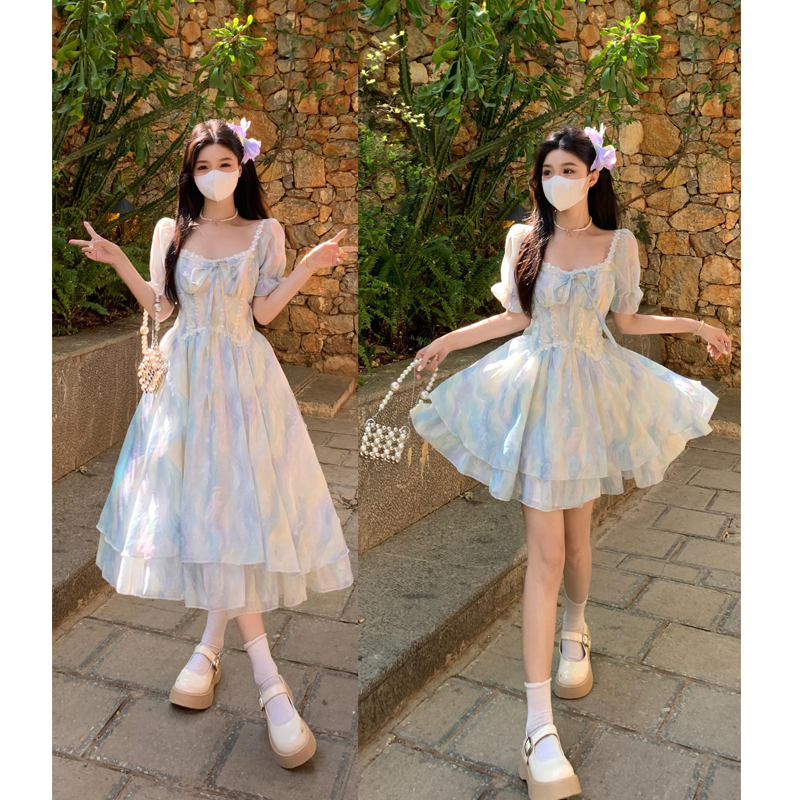 大码【蓝影幻梦】气质温柔风印花高级感水波蓝连衣裙夏新款洋气裙子