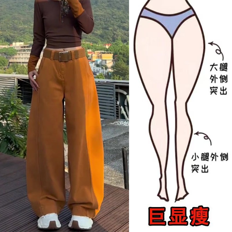 冬季新款复古美式加绒宽松阔腿牛仔裤梨形身材显瘦高腰弯刀拖地裤