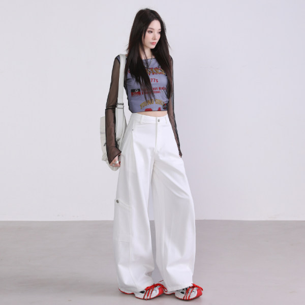 旗鼠秋季新款复古老钱风高腰显瘦工装休闲裤女宽松直筒阔腿弯刀裤