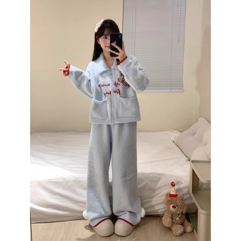 韩系简约字母印花半边绒甜美睡衣女翻领秋冬季加绒加厚家居服套装