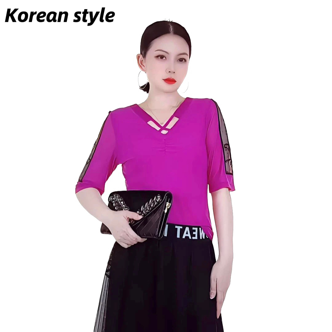 【正品断码清货】2804镂空中袖纱网V领时尚T恤百搭女装洋气夏季小衫