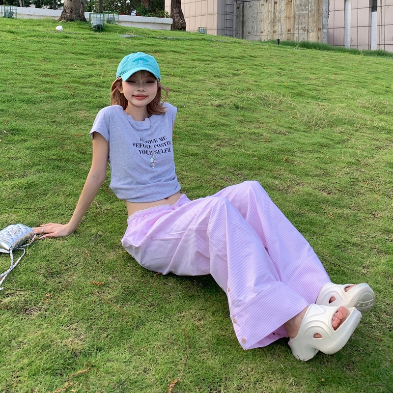 2024夏季美式复古百搭竖纹慵懒垂感常规厚度其他面料100%女式阔腿