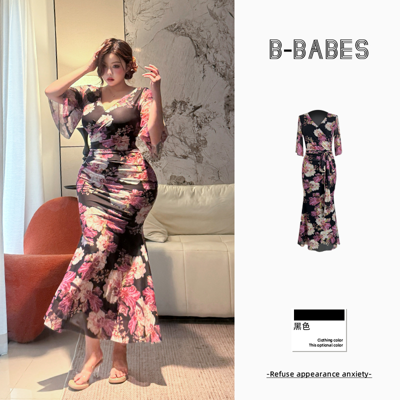 B-babes【与花共舞】法式复古V领微胖修身网纱收腰包臀碎花连衣裙