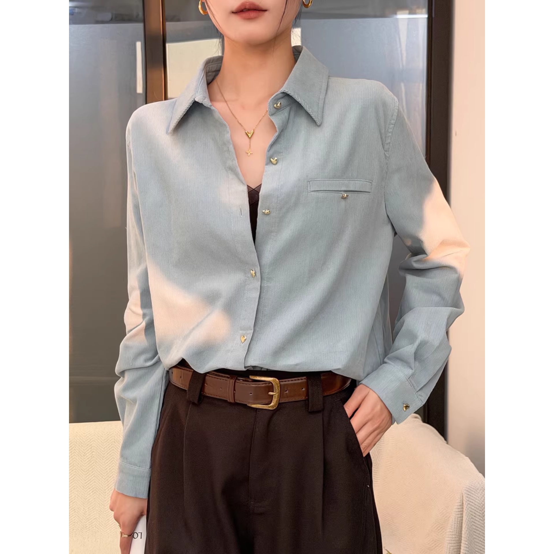 POLO领蓝色衬衫女秋冬高级感长袖衬衣宽松灯芯绒外穿上衣2025新款