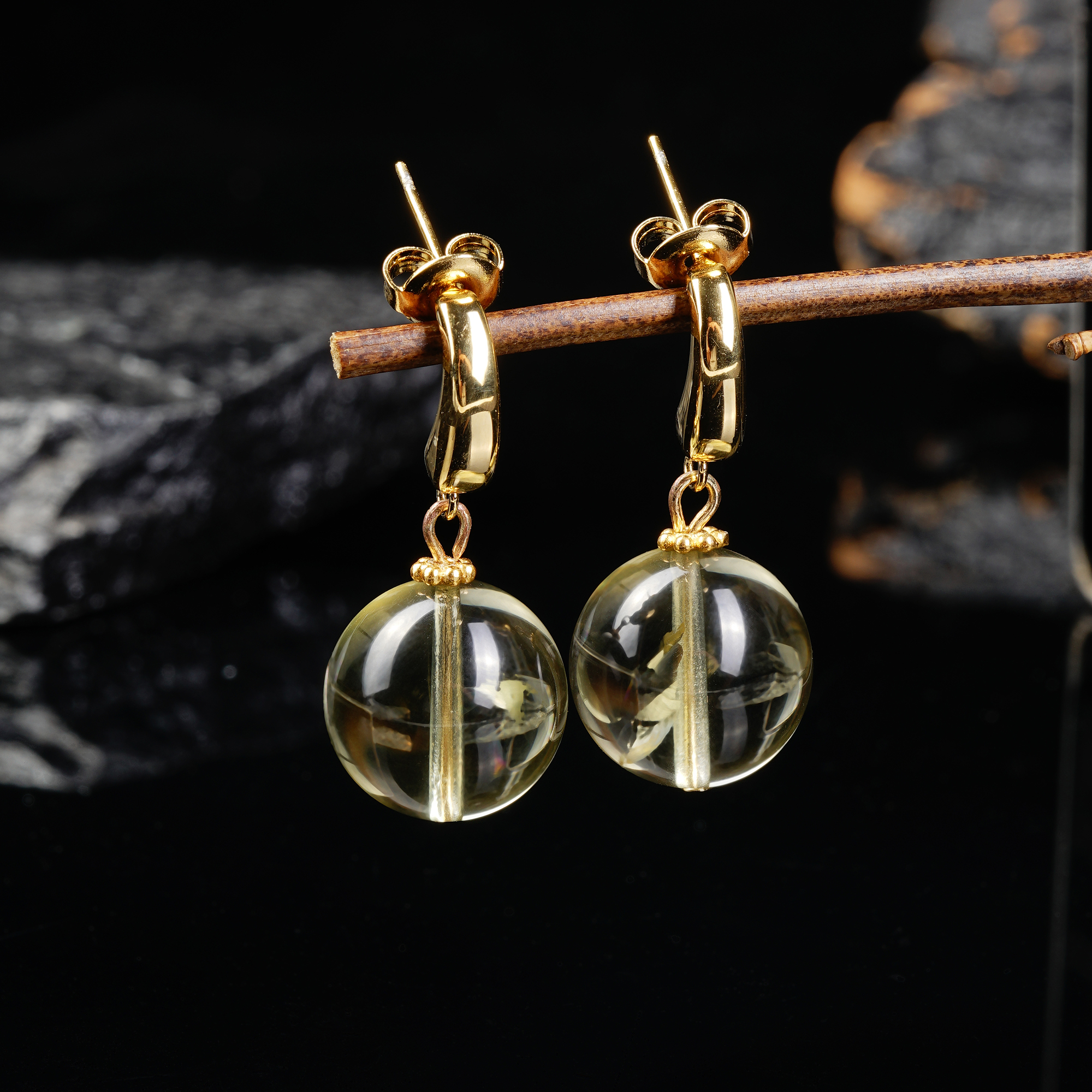 【晶鎏】黄水晶圆珠黄晶耳坠