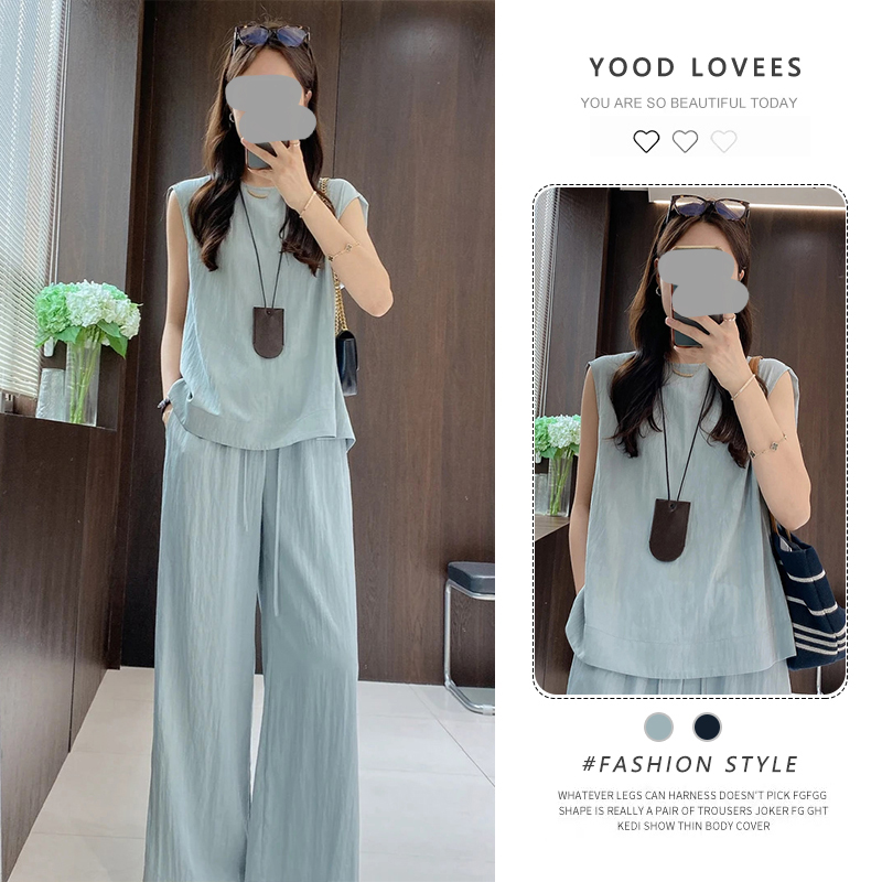 休闲时尚宽松套装女2025夏季新款无袖背心阔腿裤遮肚藏肉两件套