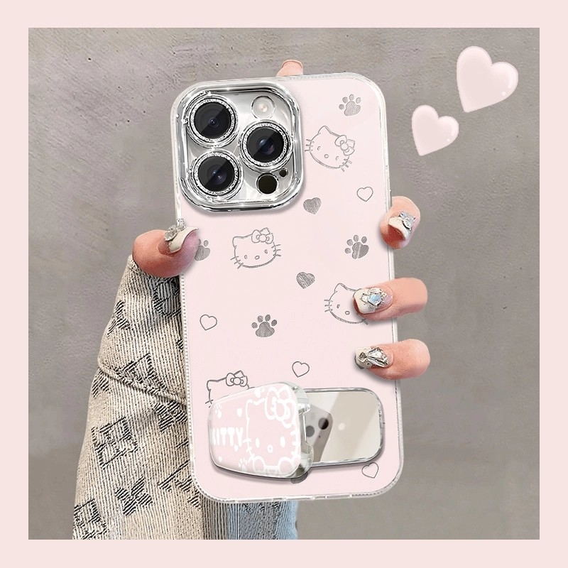 适用凯蒂猫猫爪于苹果16精孔羽纱镜子支架手机壳华为oppovivo小米