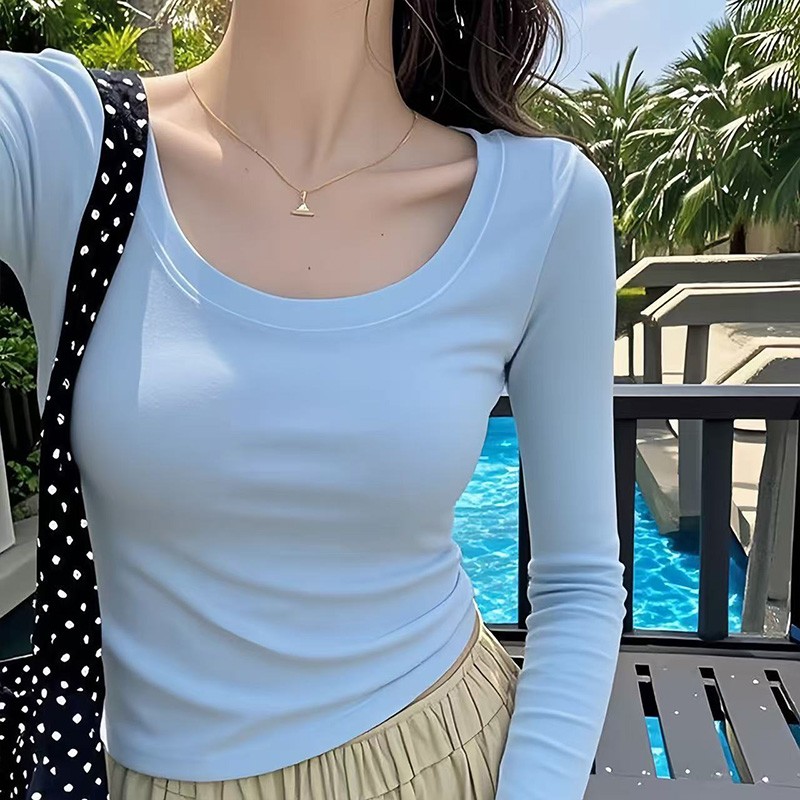 棉质早秋短款U领显瘦修身长袖T恤女百搭显瘦设计感休闲纯色上衣