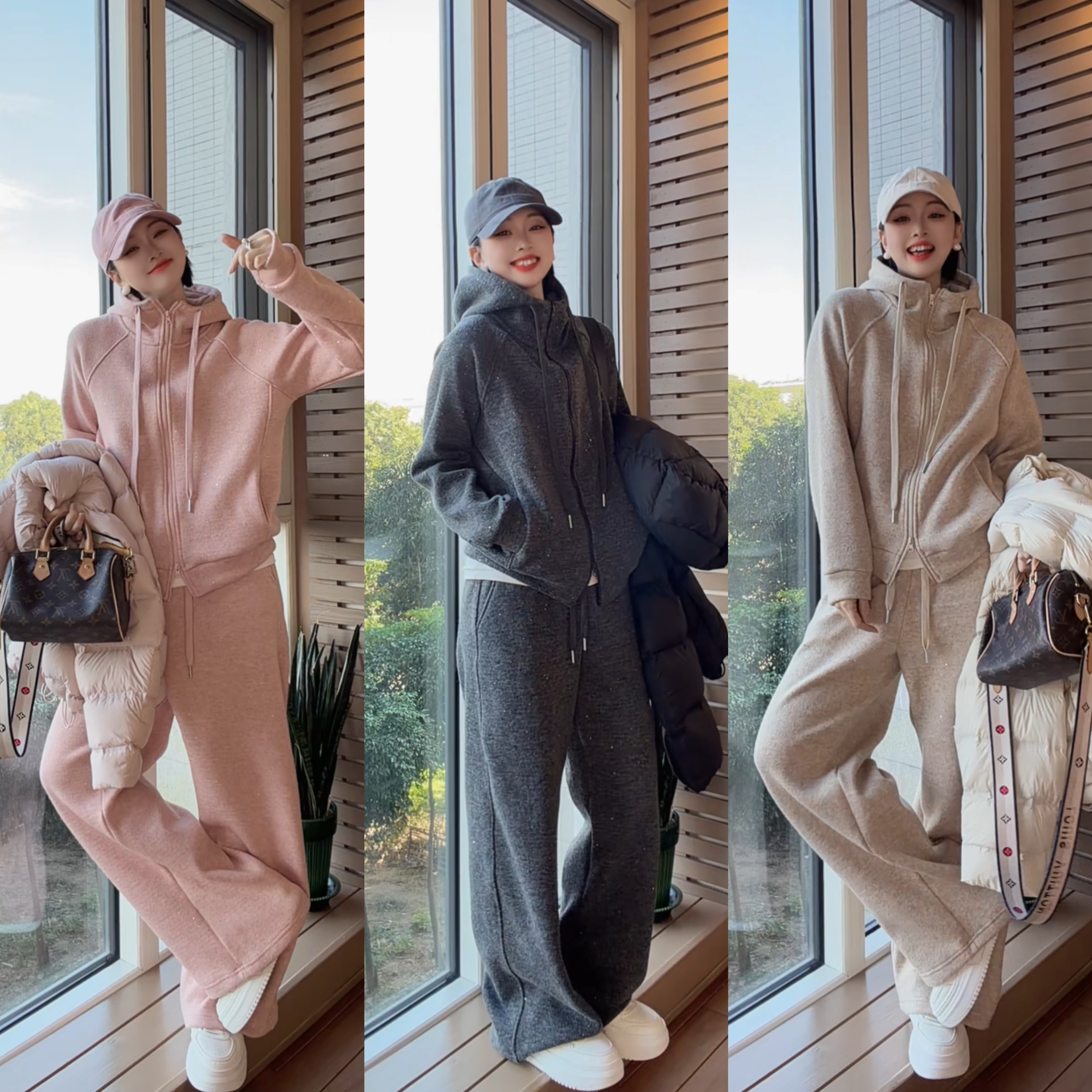 加绒加厚美利奴25新款穿搭外穿时尚气质休闲连帽套装女606冬季