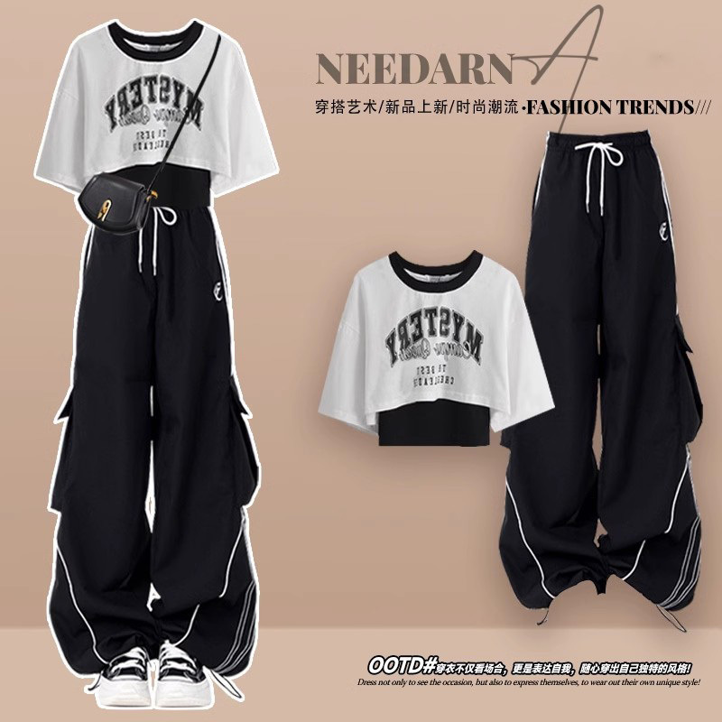 赫本风酷飒拽姐穿搭休闲运动时尚套装女夏款工装裤又a又飒两件套