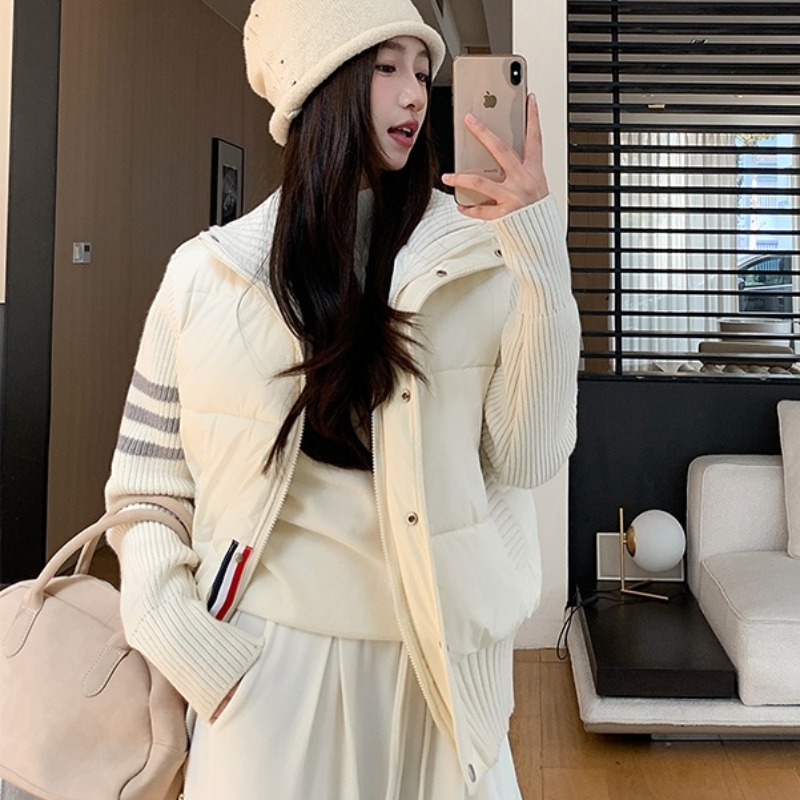 韩系学院风设计感拼接针织新款棉服秋冬独特别致立领轻薄棉衣外套
