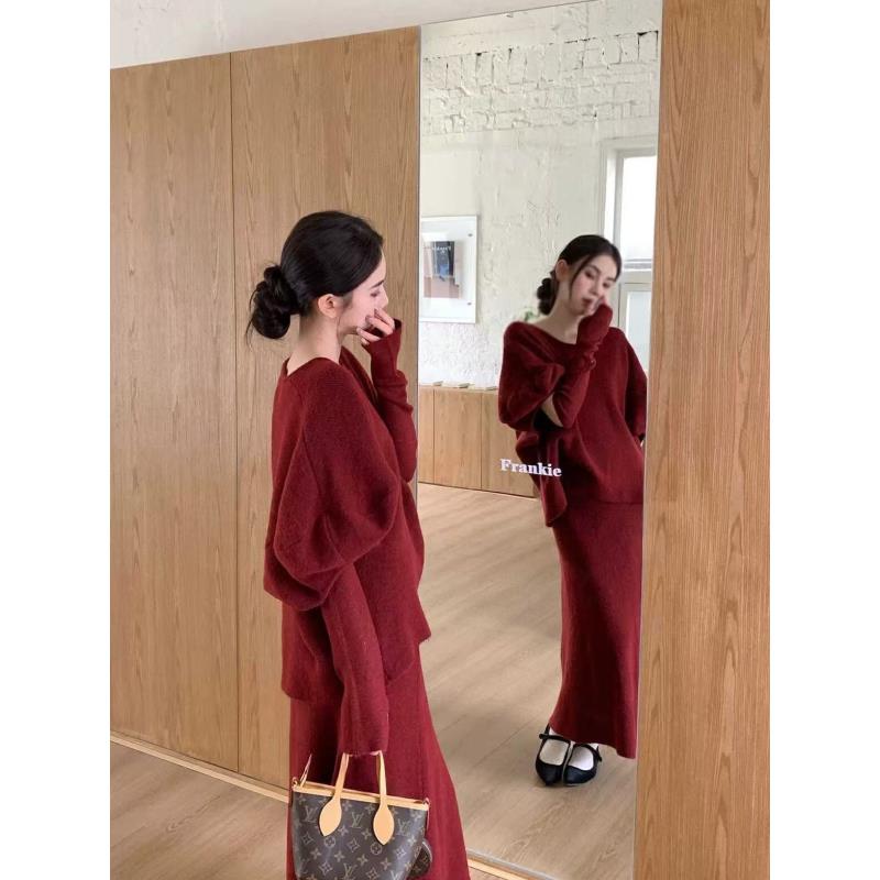 时尚套装短袖+袖套+半身裙三件套法式小香风针织韩版显瘦秋冬潮