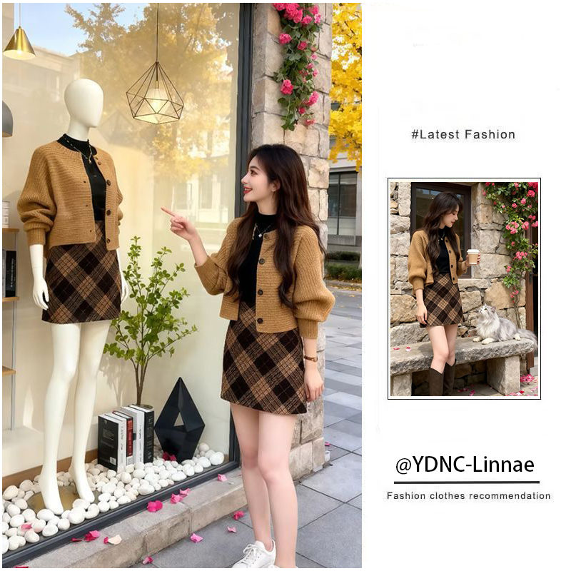 秋冬季套装女2025新款时尚韩系温柔别致开衫打底衫格纹短裙三件套