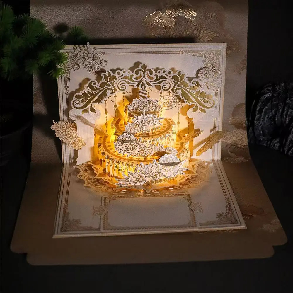 发光生日贺卡3d立体可折叠花朵音乐灯光蛋糕高级感礼物仪式感卡片