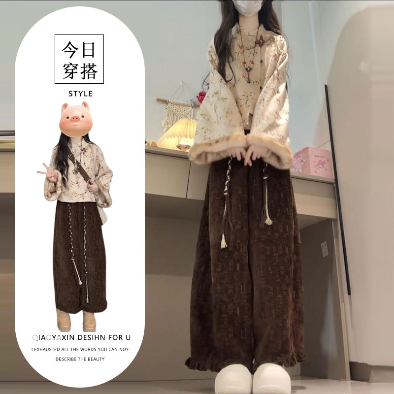 今年流行穿搭一整套女秋冬季新中式国风提花上衣高腰阔腿裤两件套