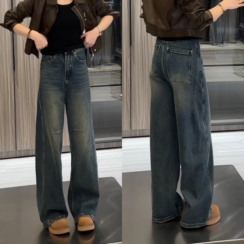 Aimeerosa/艾洛莎阔腿裤牛仔裤女早秋大码遮胯腿粗显瘦高腰弯刀裤