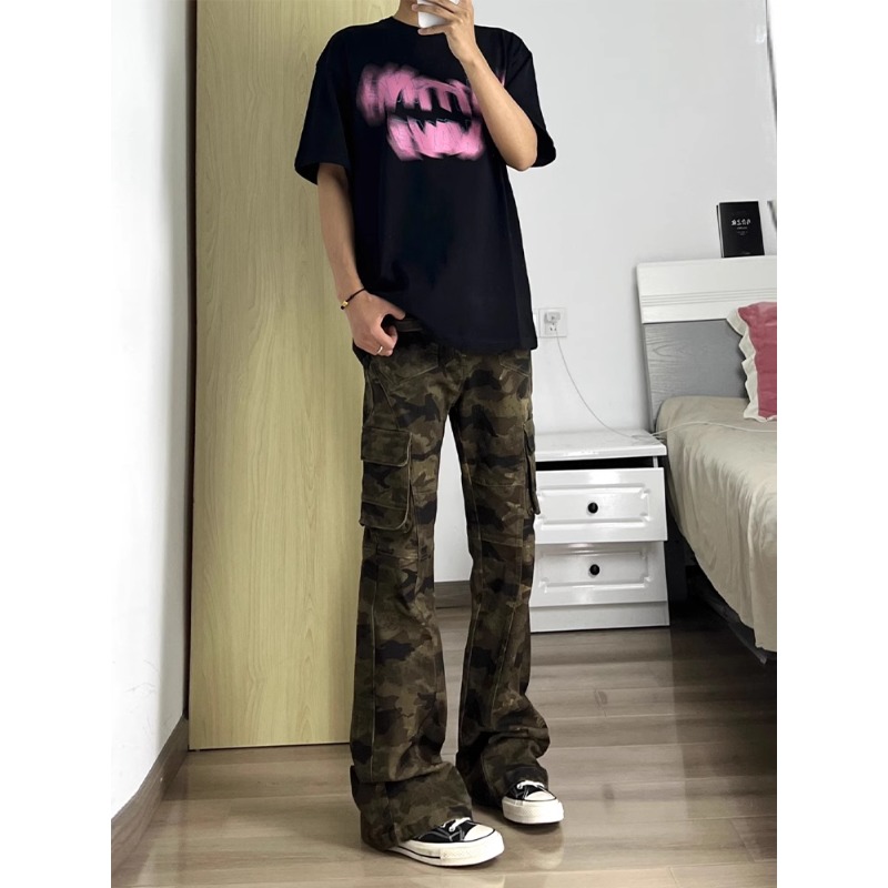 cleanfit穿搭迷彩工装牛仔裤男款春秋季美式高街修身直筒微喇裤子