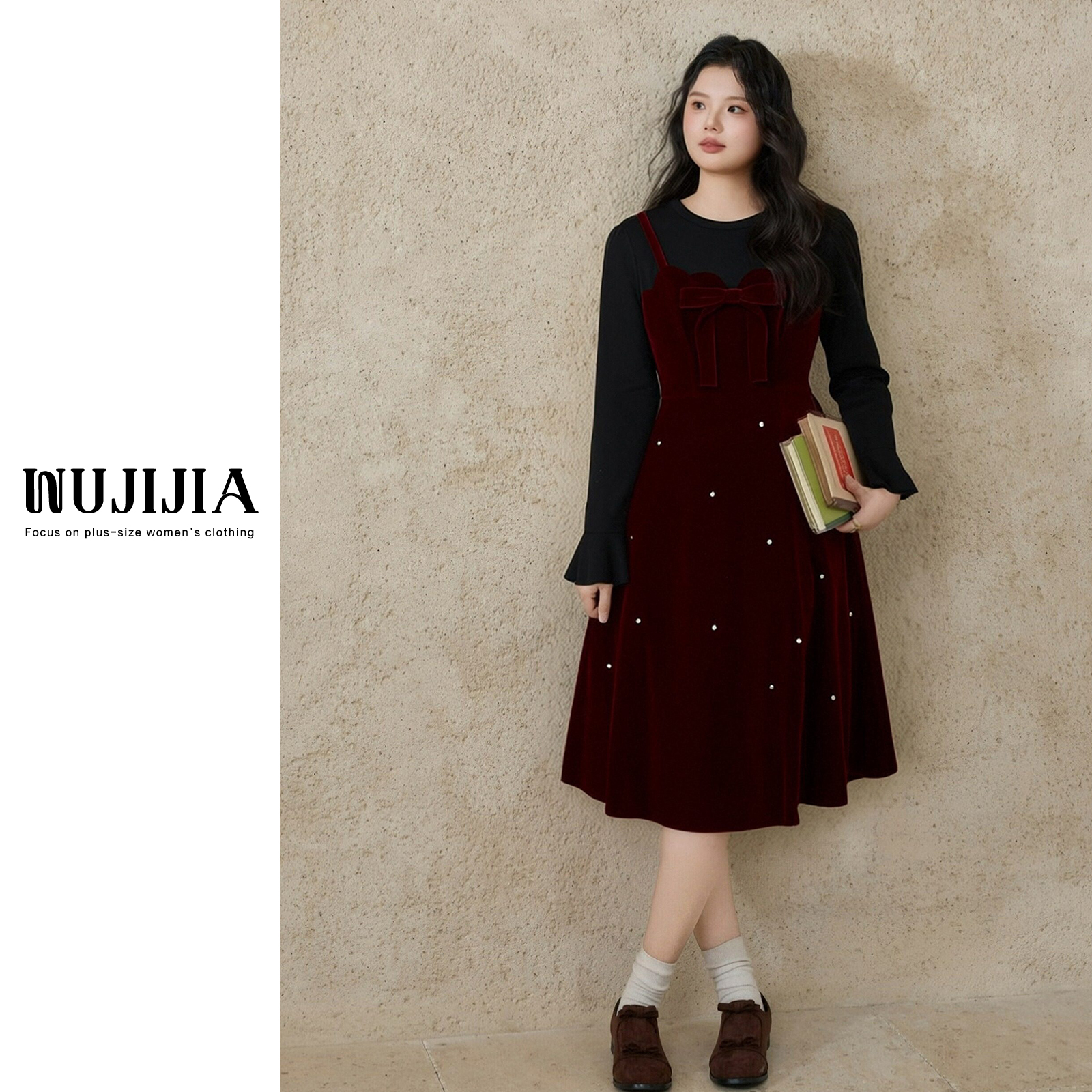 【五季家大码】秋冬复古红拼黑连衣裙ZL113926