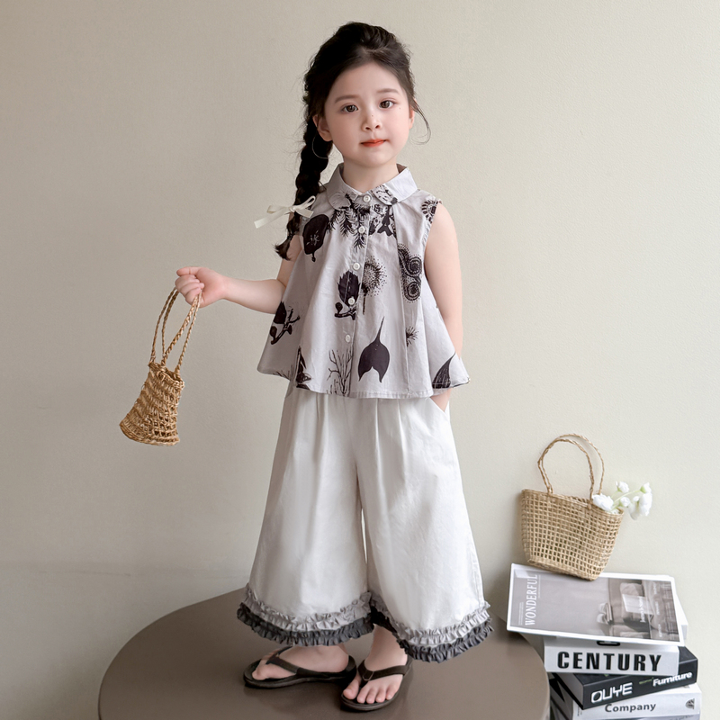 女童夏季套装2025新款儿童无袖衬衫阔腿裤两件套女孩洋气花边裤子