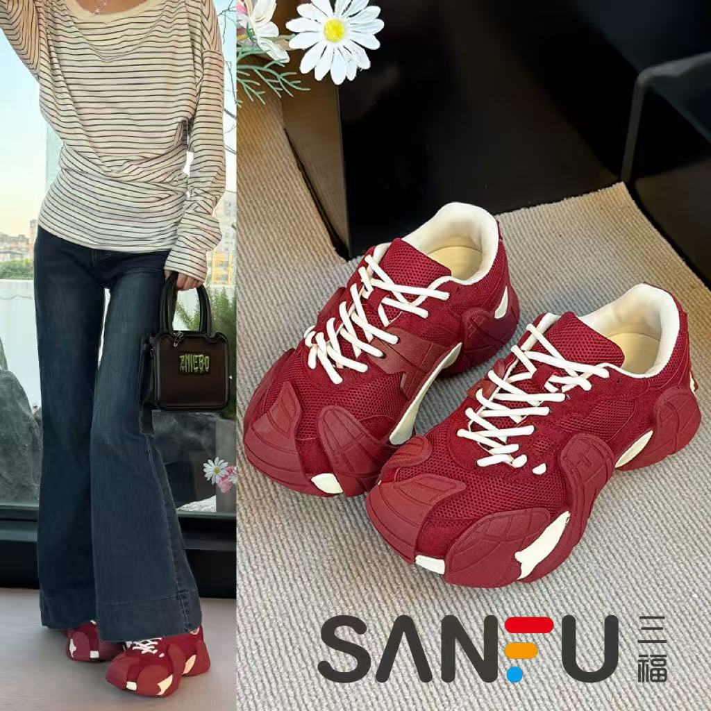 三福巴家2025秋季新款网面透气厚底老爹鞋八爪鱼休闲透气运动鞋女