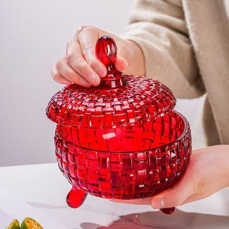 新年红色玻璃糖果罐个性收纳盒带盖储物密封罐高档家用客厅千果盒