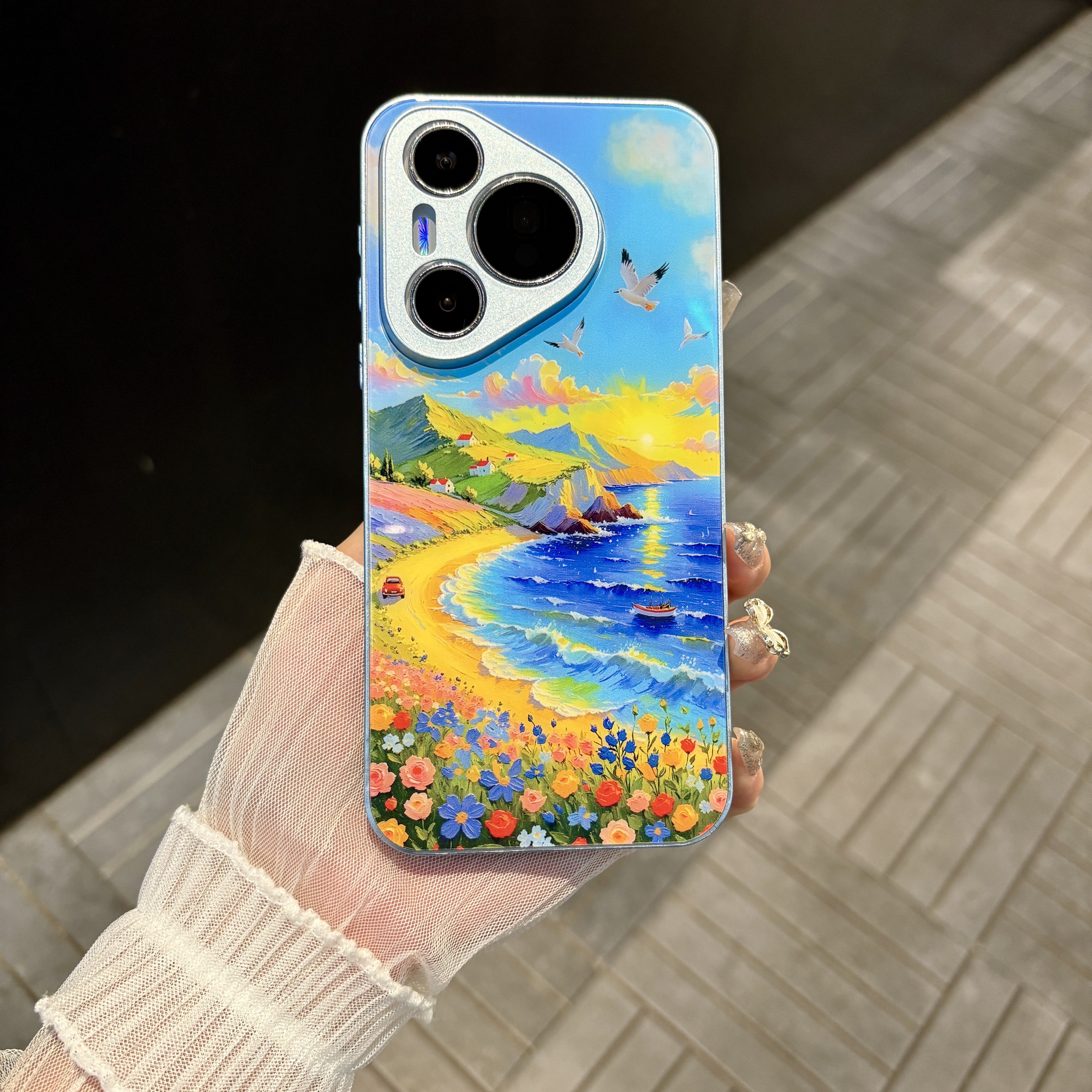 苹果/华为/oppo/vivo/小米 油画山与海适用pura70肤感玻璃手机壳