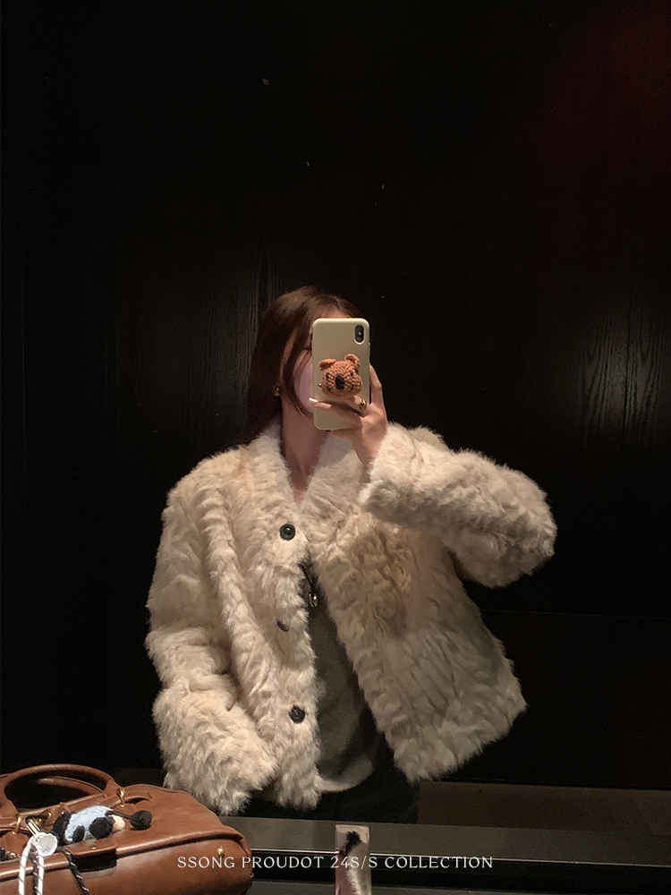 人造皮草 高级感环女冬小个子小湖立领毛毛宽松短外套