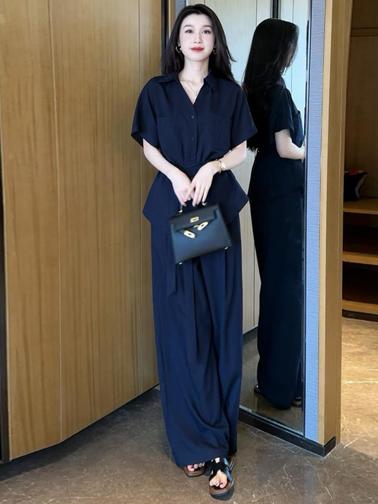 休闲气质宽松套装女短袖衬衫慵懒休闲上衣设计感显瘦阔腿裤两件套