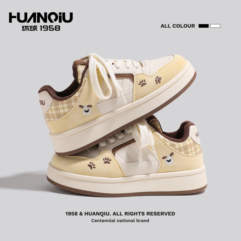 环球爆款少女可爱风休闲鞋软萌小狗爪印板鞋拼色格纹厚底小白鞋