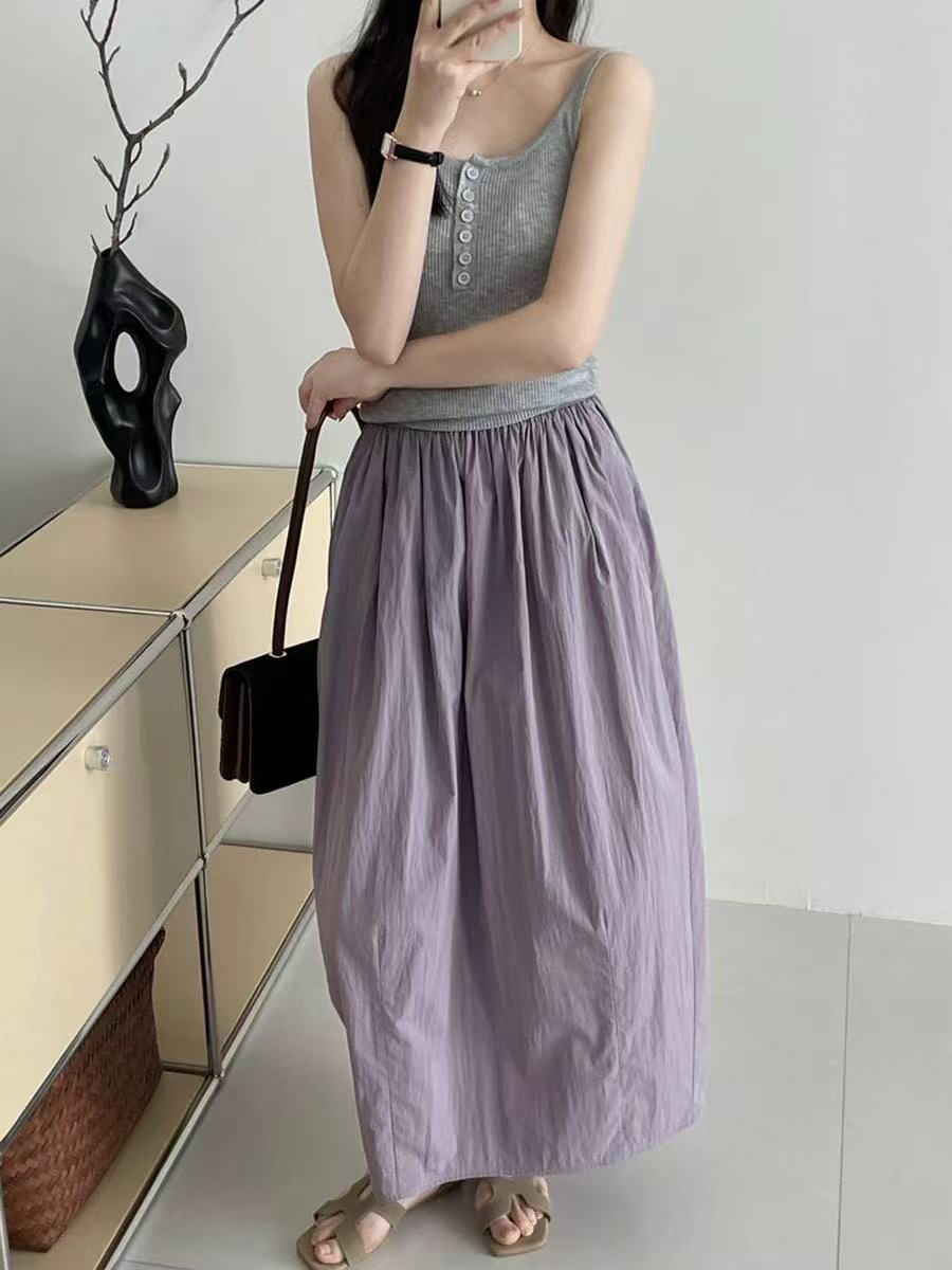 紫色高腰褶皱肌理感a字版半身裙高级感后开叉花苞半裙下半身裙子