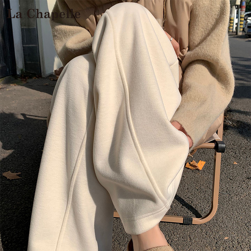 拉夏贝尔羊绒糯米阔腿裤女秋冬加绒毛呢裤子高腰直筒垂感弯刀卫裤