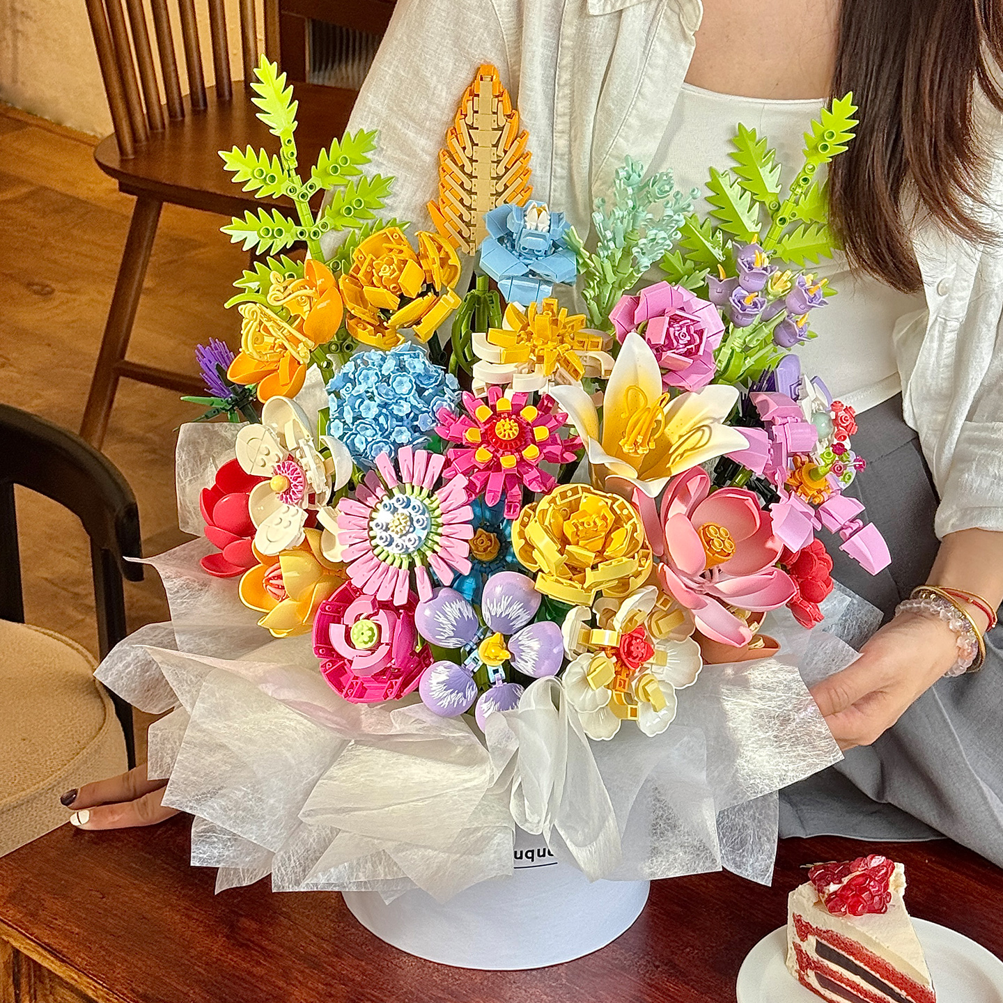 新款积木花束一整套diy 抱抱桶真花装饰品送女友圣诞节情人节礼物