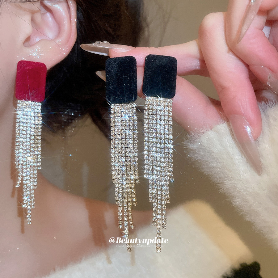 合金耳饰 植绒镶钻方形流苏耳钉复古小众设计感耳坠耳环轻奢耳饰