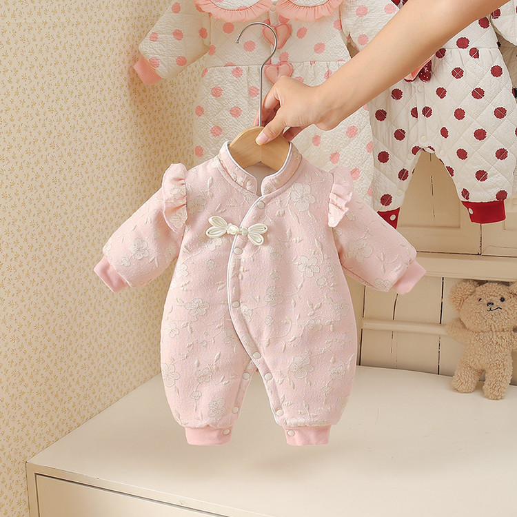 YeeHo0英氏【断码】2025新款秋冬婴儿连体衣粉色蝴蝶结可爱宝宝外