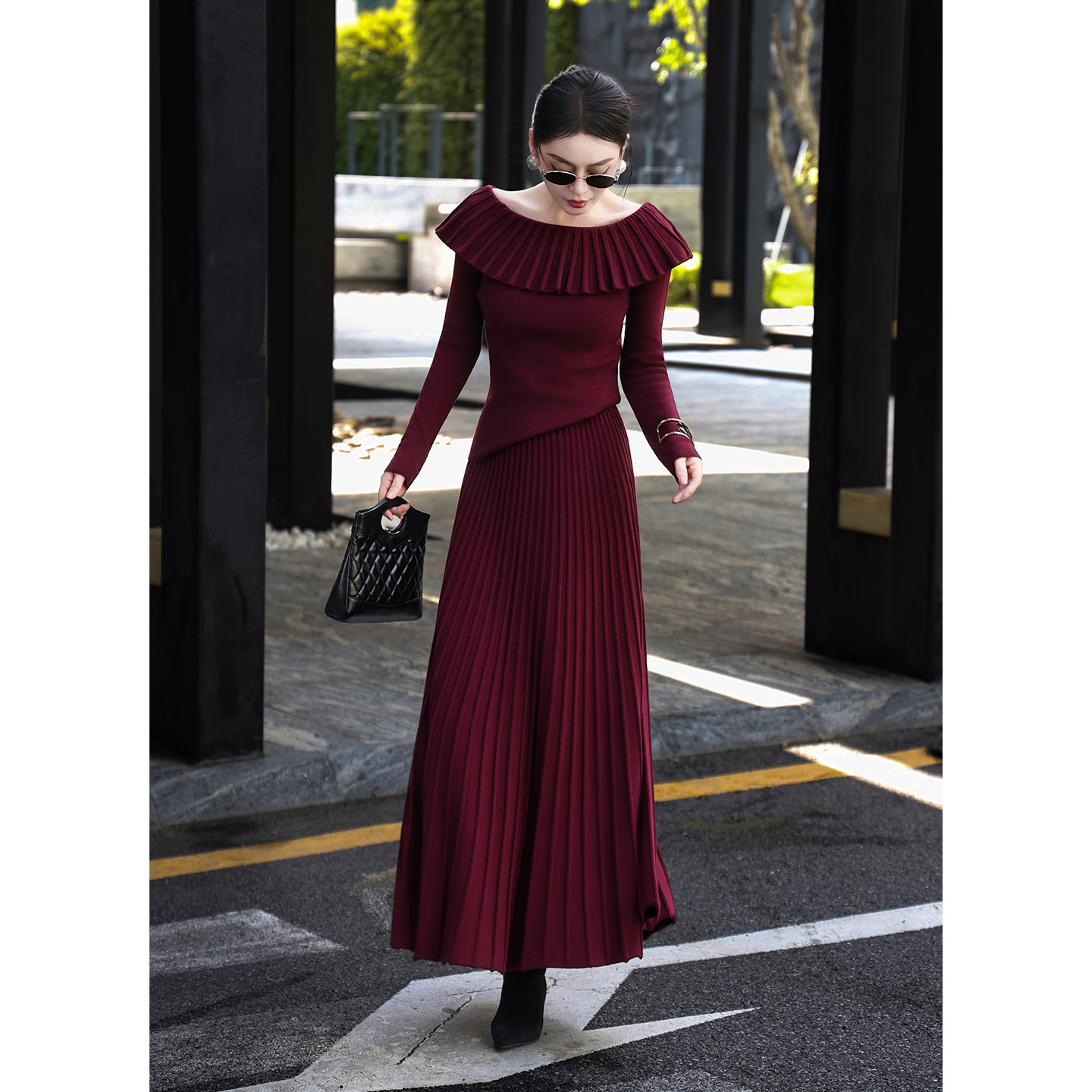 时尚针织羊毛棉混纺荷叶一字肩上衣长裙休闲裤套装秋冬新款两件套