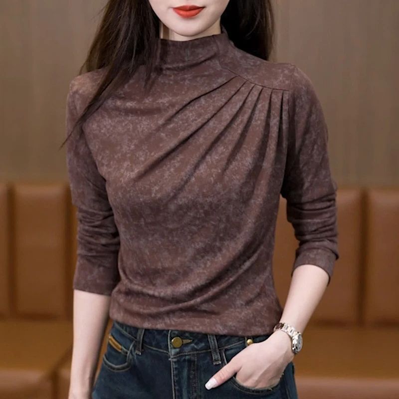 扎染印花半高领双面德绒保暖T恤打底衫女秋冬季修身显瘦大码上衣